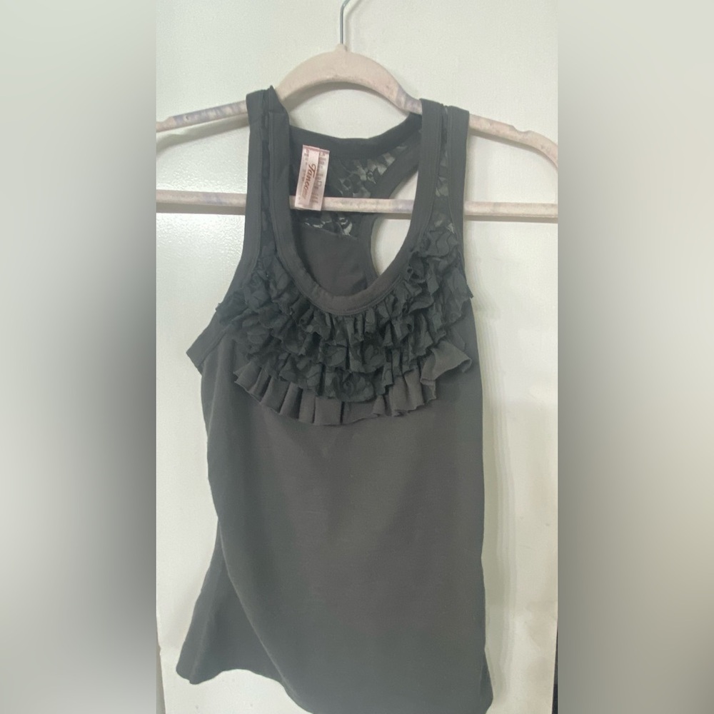 Tanco Black Ruffle Front Tank – One Size, Lace Back, Stretchy